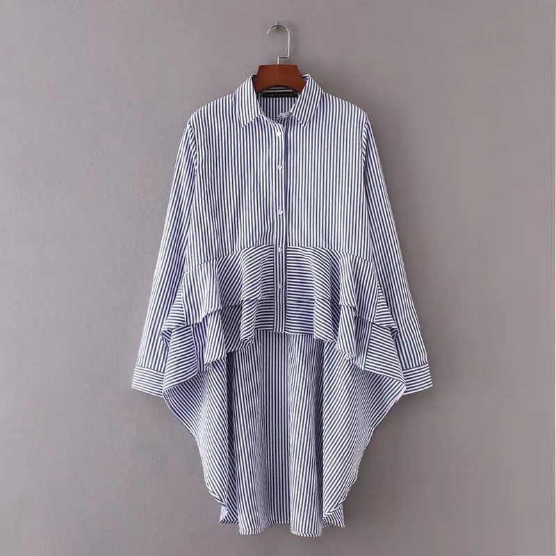

2018 women vintage hem irregular ruffle striped dovetail shirt blouse long sleeve blusas casual slim loose business tops LS1422