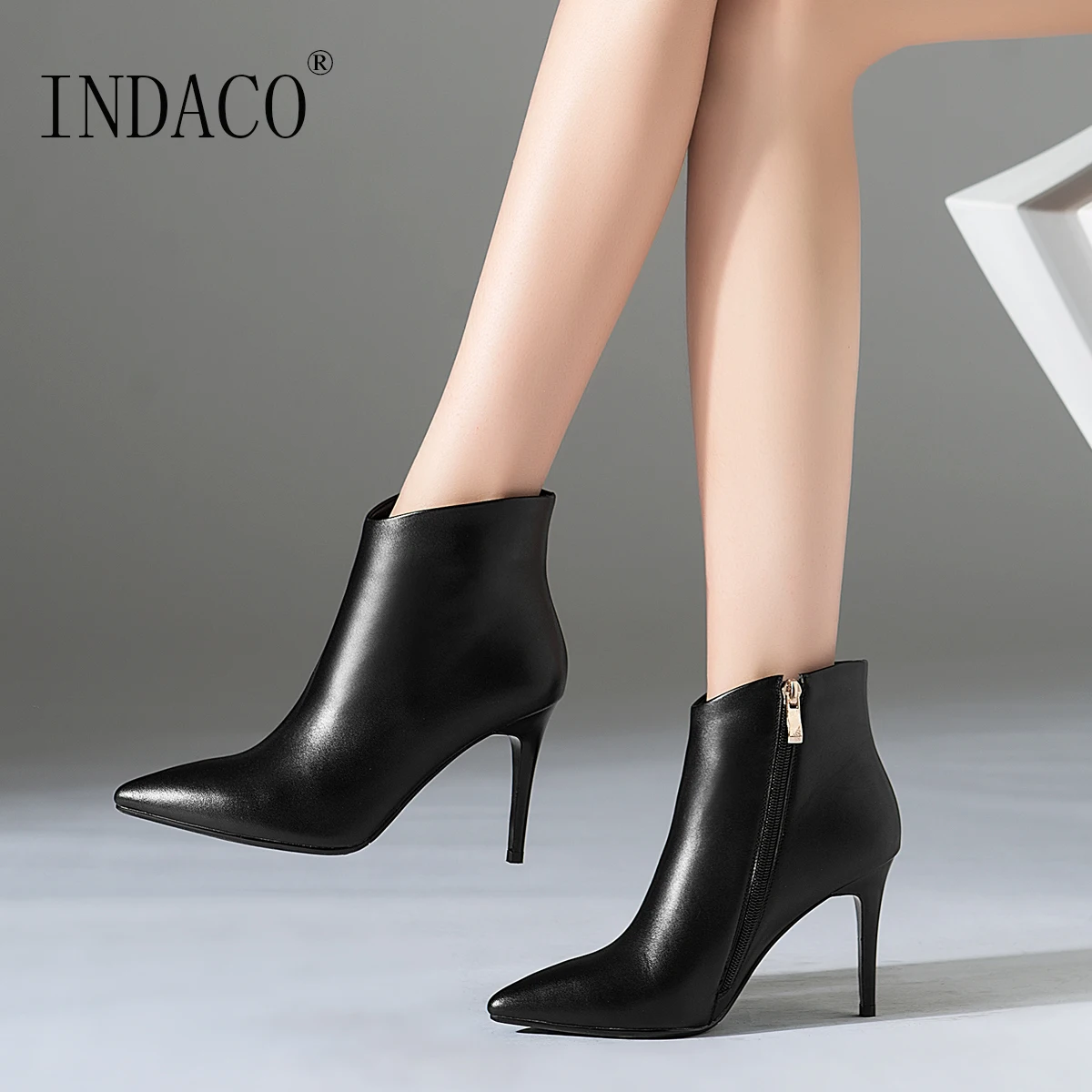 

Winter Shoes Women Thin High Heel Black Beige Leather Women Boots 9cm Bota Feminina