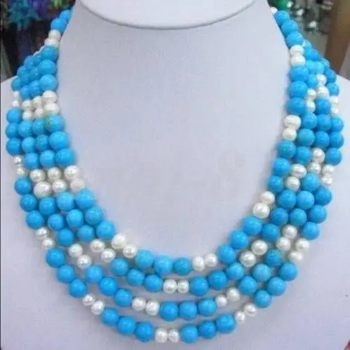 

4 STRANDS TURQUOISE&WHITE PEARL BEADED NECKLACE B 5.27