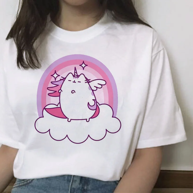 Pusheen, женская футболка, kawaii, женская футболка, кот, мультфильм, harajuku, 90 s, графический ulzzang, топы, футболка, женская, Корейская, эстетическая, забавная
