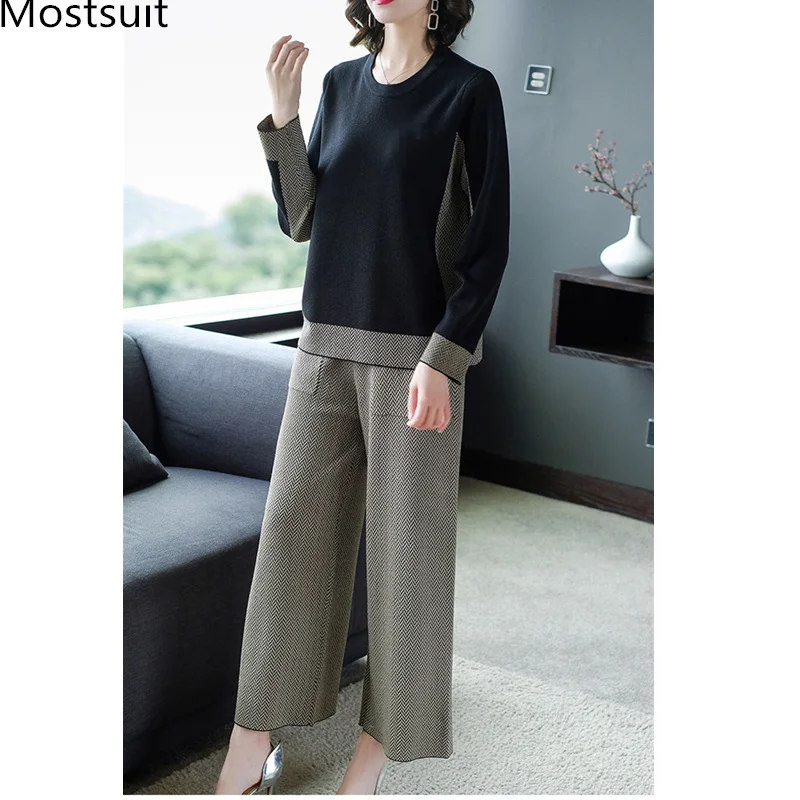 

2019 New Spring Knitted Women's Two Piece Sets Black Long Sleeve Sweater And Wide Leg Pants Suits Casual Office Elegant Sets