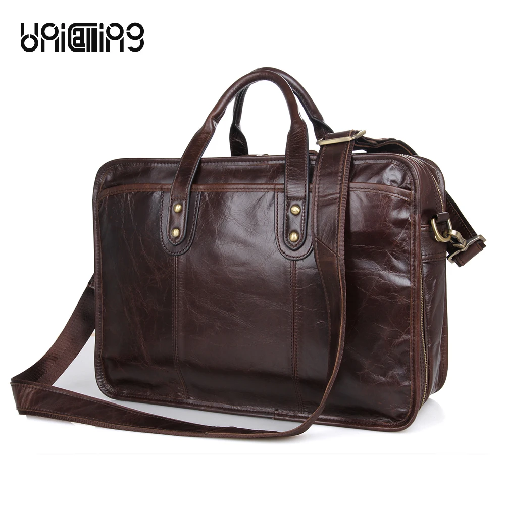 

Business bag men leather handbag genuine leather laptop handbag vintage leather men briefcase with double zipper layers space