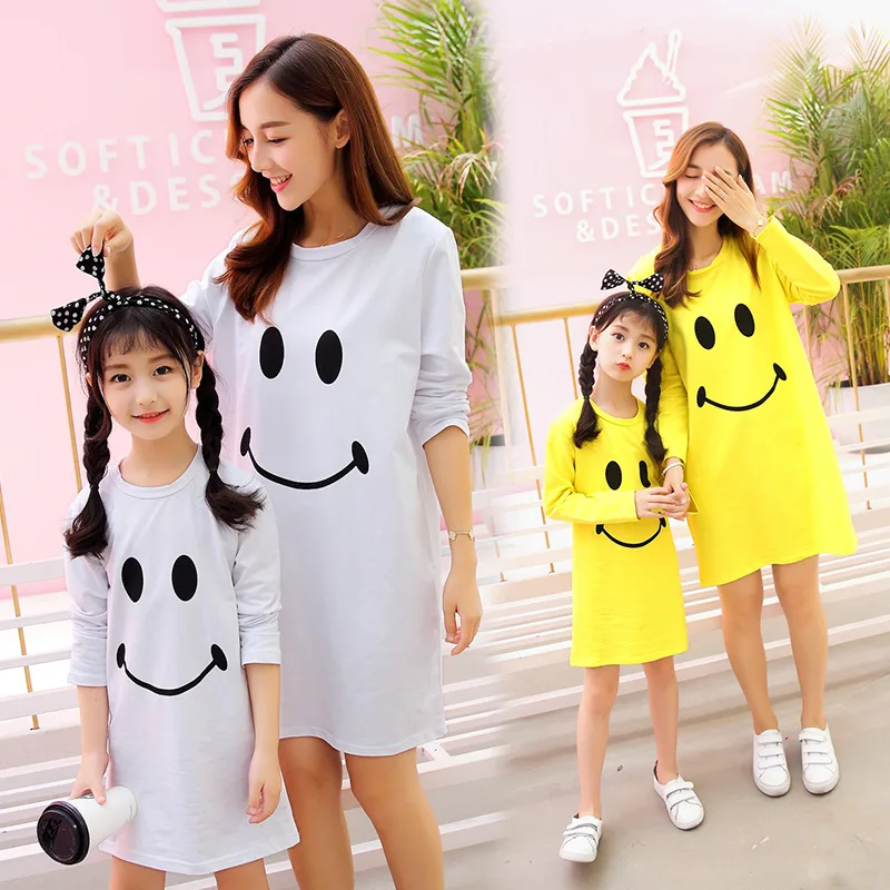 Mummy Daughter Dresses Smile Face Cartoon Print Mom and Me Clothes Baby Girls Clothing Family Matching Outfits Mother & kids (8)