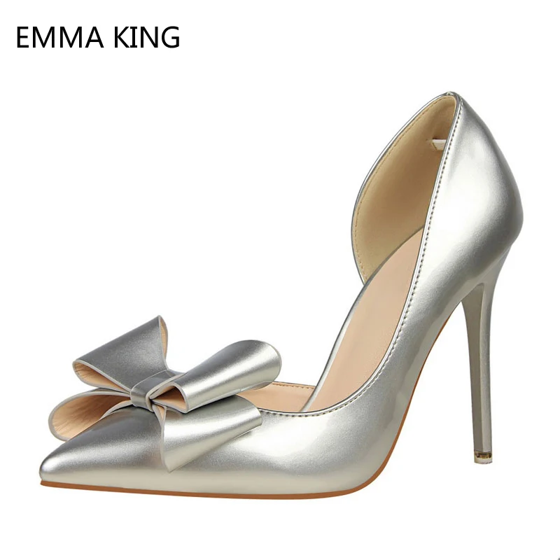 

Silver Slip On Pumps Women Shoes Pointed Toe Stiletto Heels Bow Patent Leather Dress High Heels Wedding Shoes Zapatos Mujer