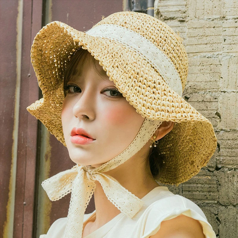 

Hot Fashion spring summer women's UV protection beach hat bow sun hats Women's Classic plain casual hats lace streamer straw