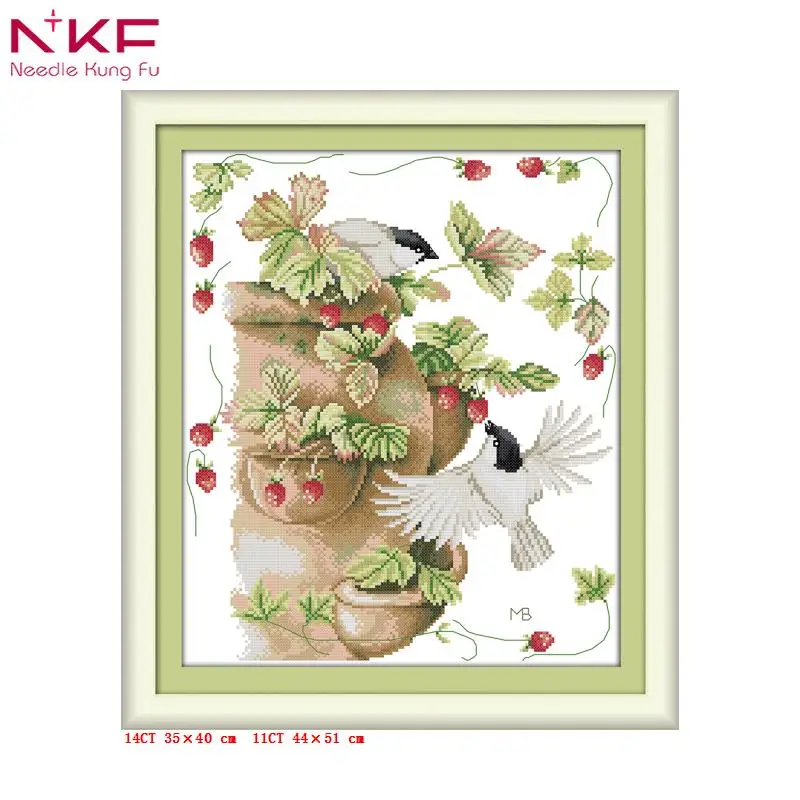 

NKF birds and strawberries DIY Needlework 11CT 14 CT Printed Not Printed Water Soluble Cloth For Cross Stitch Kits