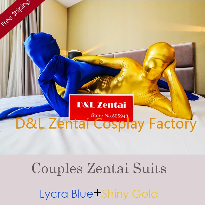 Free Shipping Dhl Adult Sex Couples Costume Blue Lycra Spandex And Gold Shiny Metallic Zentai