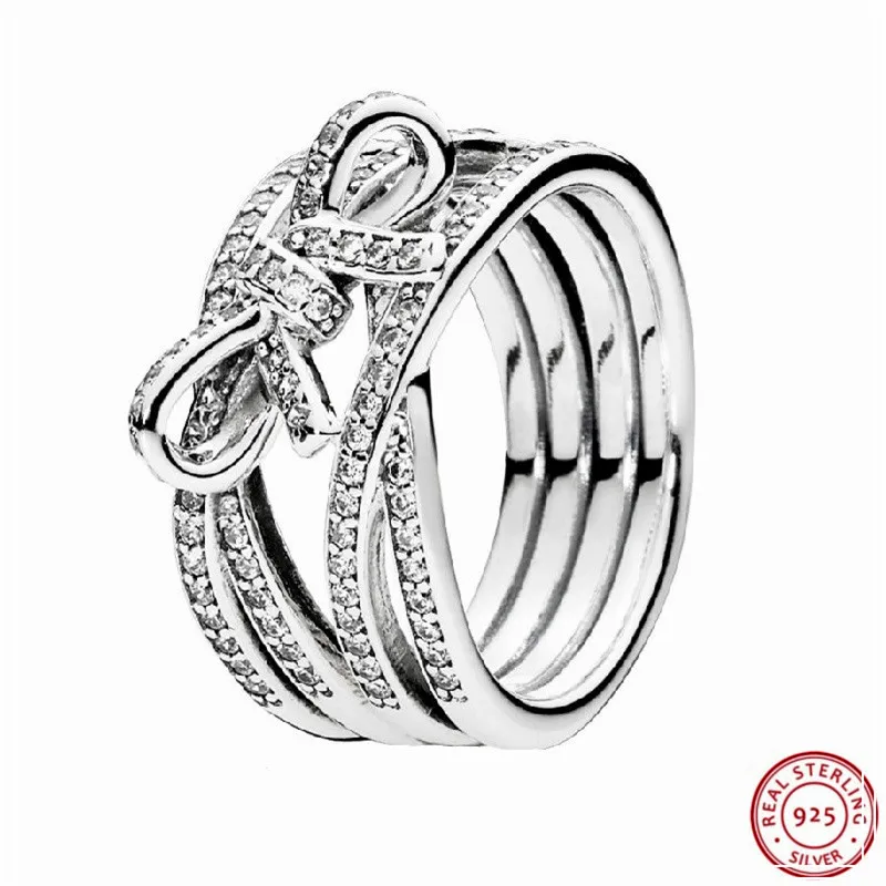 

Delicate Sentiments Rings for Women Real 925 Sterling Silver Jewelry Ribbon Shape Twist with Jaunty Bow Pave-set Clear CZ FLR089