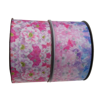 

100yards 75MM 100% Polyester Glitter Printed Grosgrain Satin Ribbon For Decoration