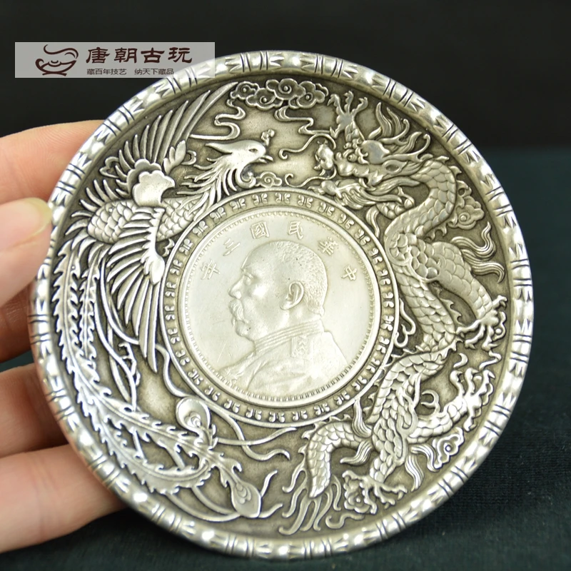 

chinese tibet silver dragon and phoenix statue Yuan big head, silver dollar coin Plate metal crafts Family decoration gifts