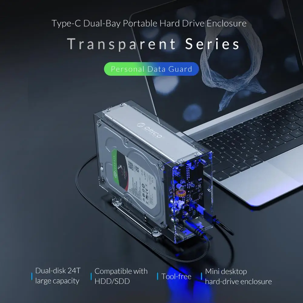 Портативный прозрачный док станция ORICO 3 5 дюйма с двумя разъемами типа C HDD чехол