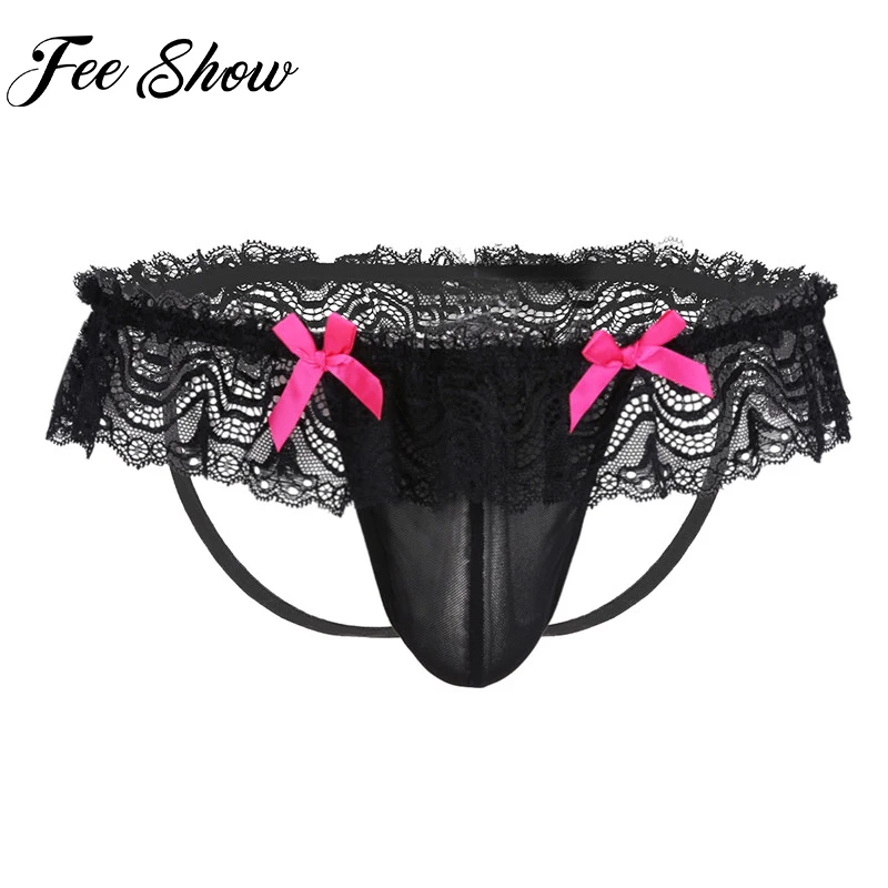 FEESHOW Sissy Мужское нижнее белье G Strings прозрачные сетчатые кружевные бантики
