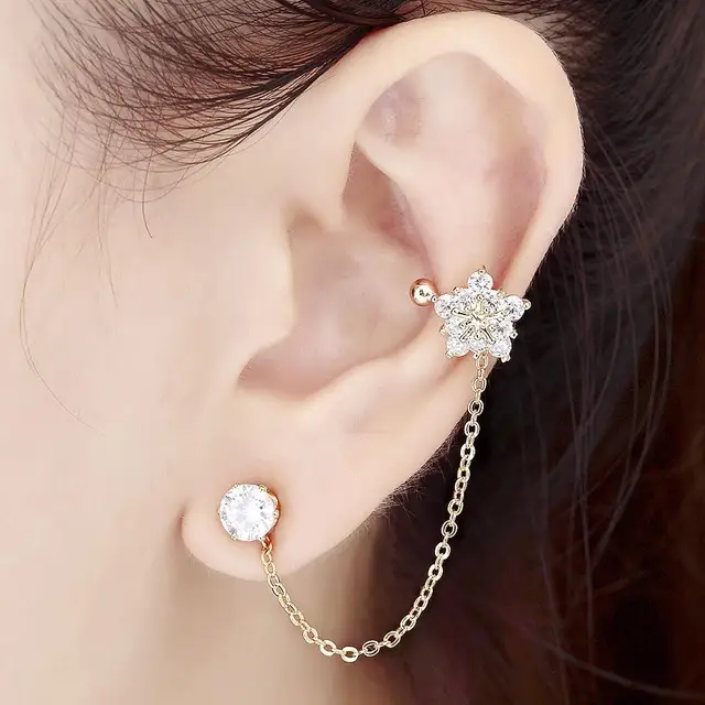 earcuff New Korean star fashion zircon earring long chain hanging
