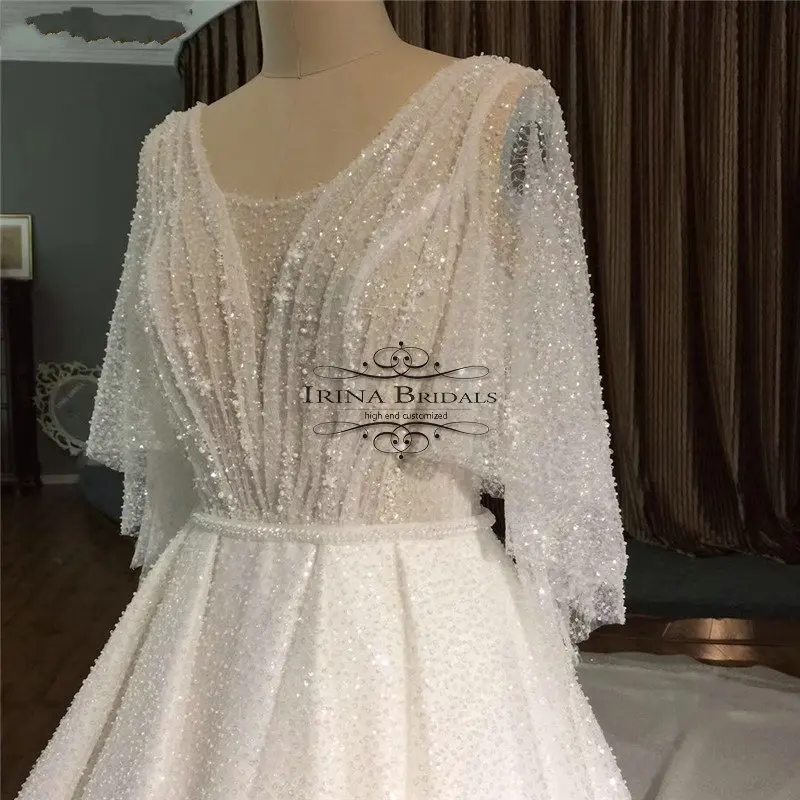 Irina Bridals gelinlik блестящее свадебное платье с коротким рукавом и открытой спиной