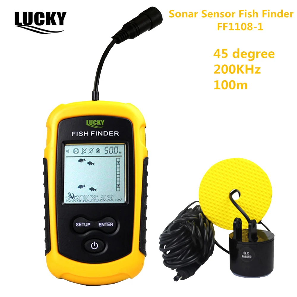 محظوظ FF1108-1 صياد السمك 100 M المحمولة سونار الاستشعار محول كاشف ل الصيد 45 درجة 200 kHz Fishfinder السمك كاشف