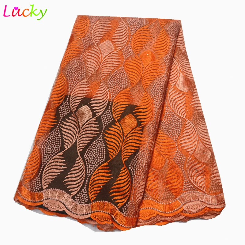 

African lace fabric high quality orange fench Lace Fabric 5 yards nigerian african tulle lace with stones for dress