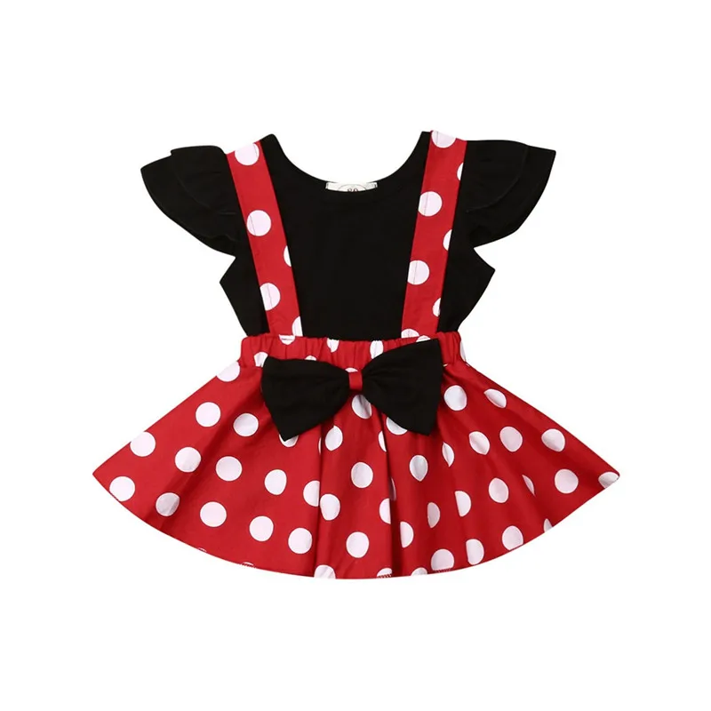 

Kid Baby Girls Clothes Set Toddler Outfit Fly Sleeve Top+Bowknot Suspender Tutu Dress Polka Dot Outfit Infant Children Clothing