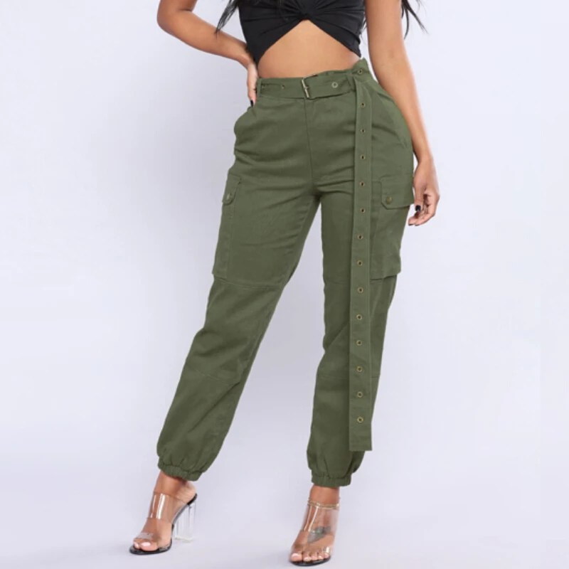 Высокая Талия шаровары женские штаны карго Армейский зеленый черный капри с поясом Dance Hip поп-брюки Pantalon Femme