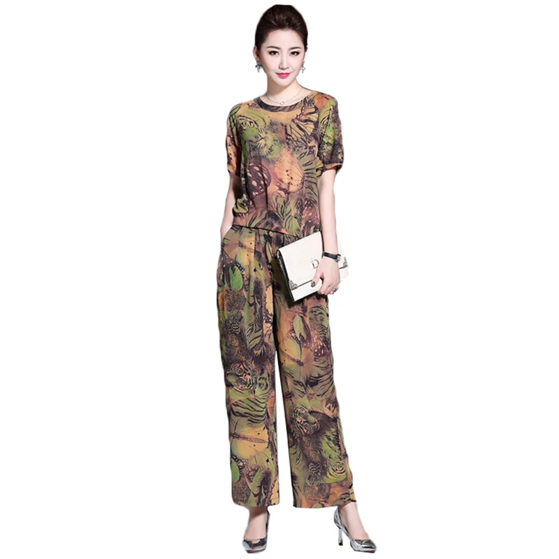 

Women large size sporting 2 piece sets 2018 summer new vintage chiffon sets women printing short sleeve tops+wide leg pants suit