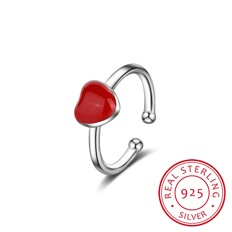 

100% 925 Real Sterling Silver Fine Jewelry Red Heart Cocktail Ring Sizable 5 6 7 Girl Kids Xmas Gift Xy855