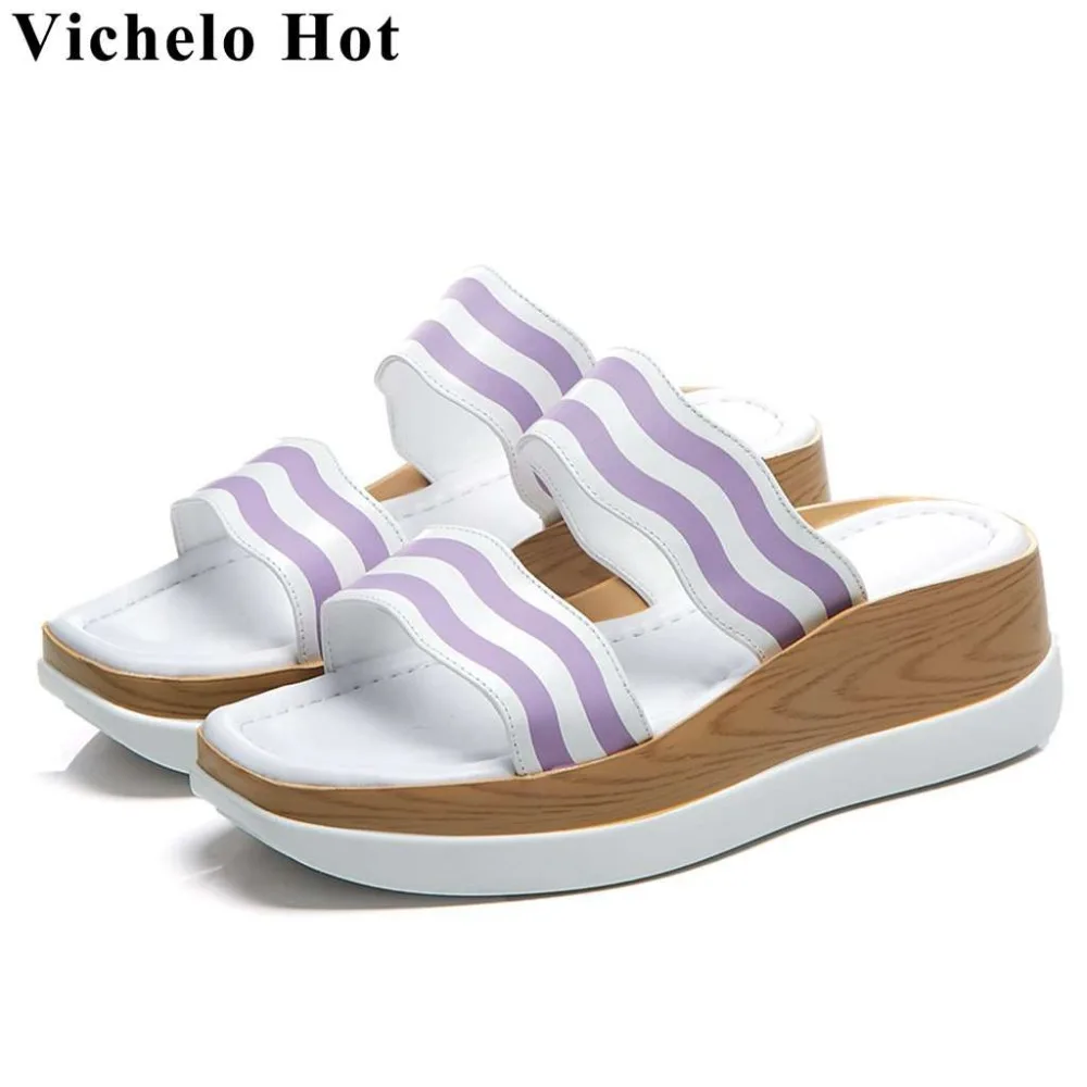 

Vichelo Hot cow leather slip on mules striped mixed colors sandals peep square toe med bottom wedges platform daily shoes L67