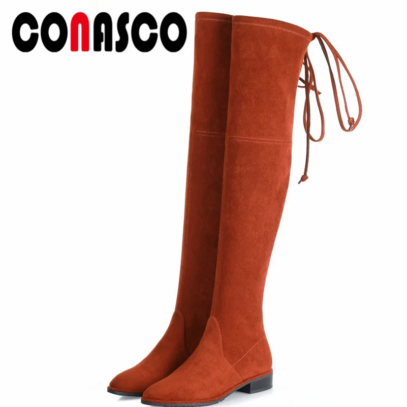 

CONASCO Sexy Women Over The Knee Boots High Heels Slim Long Party Dancing Shoes Woman Lace Up Tight High Flock Over Knee Boots