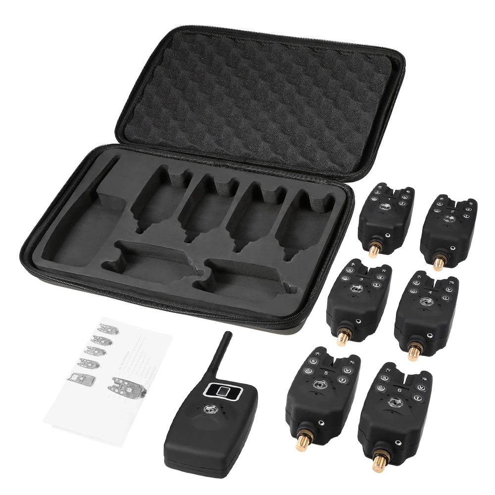 

Lixada Wireless Digital Fishing Bite Alarm with LCD Screen Indicator 1 Receiver 6 Fishing Transmitter with Zippered Case