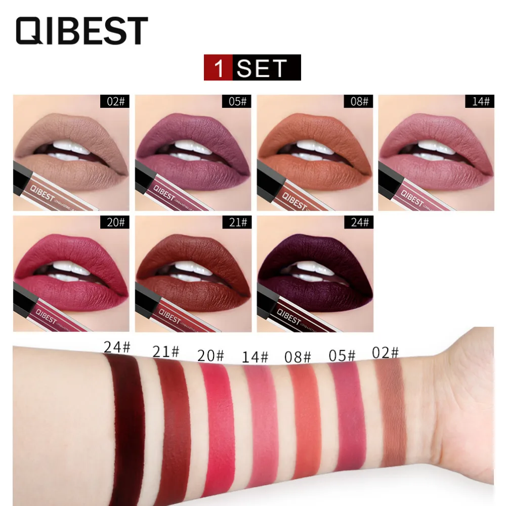 QIBEST Pro Набор для макияжа 7 шт./компл. матовая длинная-долговременная губная помада блеск для губ водостойкая губная помада