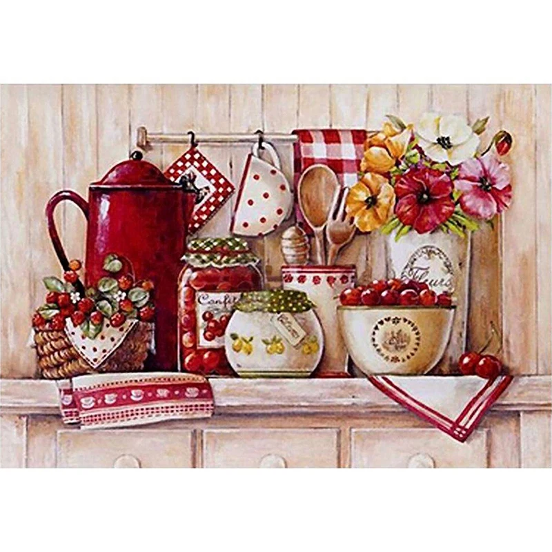 

HOT-100% Diy 5D Diamond Painting Full Drill Kitchen Red Tablewares Stitch Diamond Embroidery Patterns Home Decoration