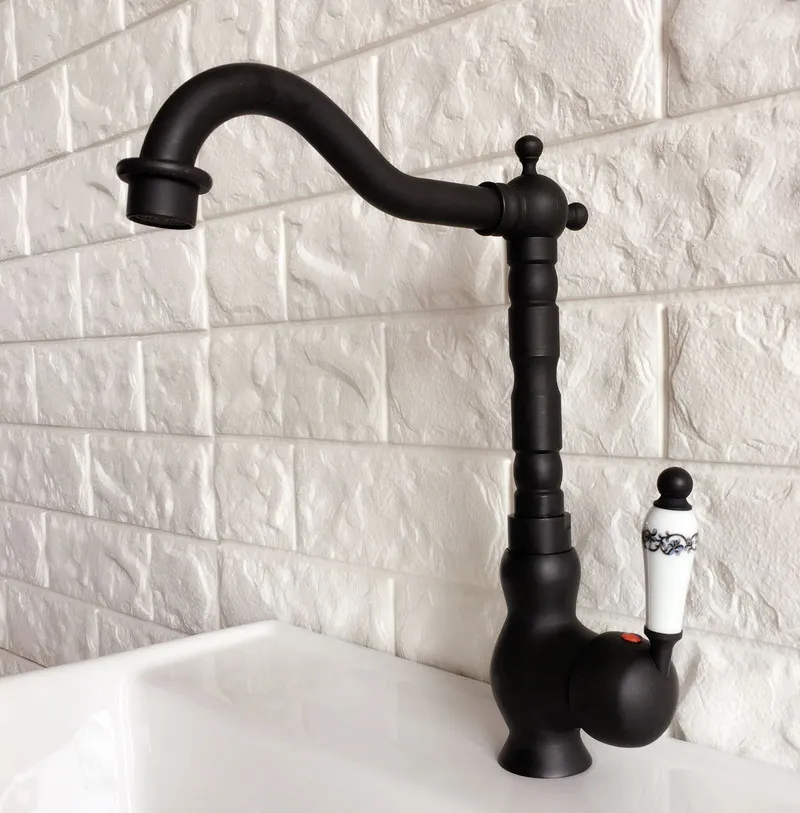 Kitchen Wet Bar Bathroom Vessel Sink Faucet Black Oil Rubbed Bronze One Handle Swivel Spout Mixer Tap Single Hole mnf358