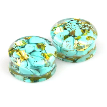 

Wholesale Ear Gauges Plug Turquoise-stone Gold Foil Resin Flesh Tunnel Expander Body Piercing Jewelry 10mm-25mm 48 Pieces