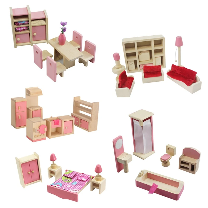 1 مجموعة طفل خشبية نتظاهر اللعب أثاث لعبة إكسسوارات دمي الأثاث مصغرة الجدول السرير المعيشة غرفة ألعاب أطفال هدية