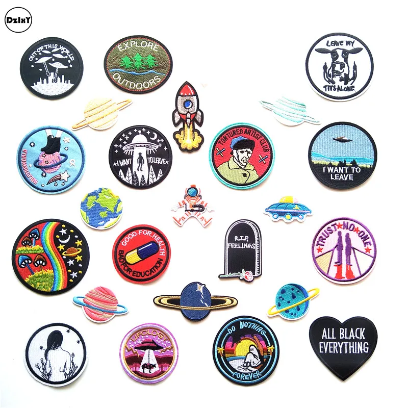 

(30 Style) 1 PCS UFO Alien Parches Embroidery Iron on Patches for Clothing DIY Stripes Clothes Planet Stickers Universe Applique