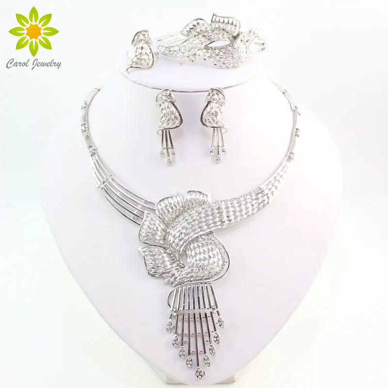 

Fashion Silver Plated Crystal Necklace Bracelet Earrings Ring Jewelry set African Women Costume Party Jewelry Sets