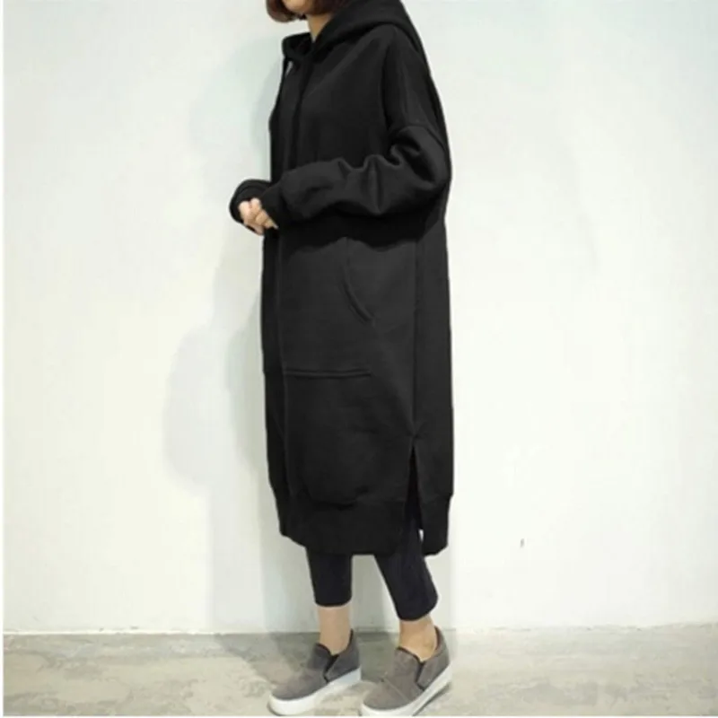  Women 2019 Winter Autumn Casual Loose Long Hoodies Sweatshirt Oversize Full Sleeve Fleece Split Hoo