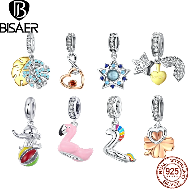 

BISAER New Summer Charms 925 Sterling Silver Cute Flamingo Swan Elephant Lucy Clover Star Pendants Beads Ins Style DIY Charms