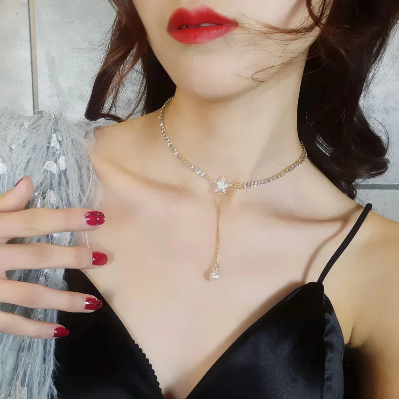 

Korean Style Lucky Crystal Star Chokers Necklace for Women Silver Gold Pentagram Chocker Pearl Charm Tassel Necklaces Jewelry