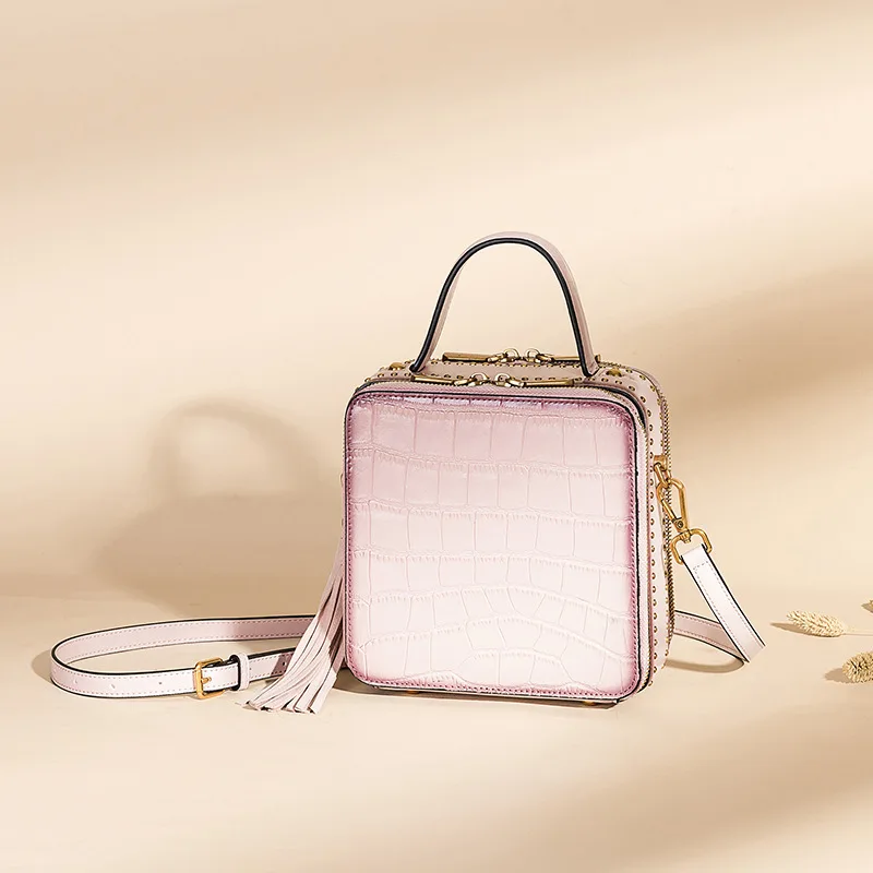 

Women Box Portable Handbag 2019 FCTOSSR Stylish Shoulder Sling Bags Handmade Genuine Leather Office Lady Hand Messenger Bags