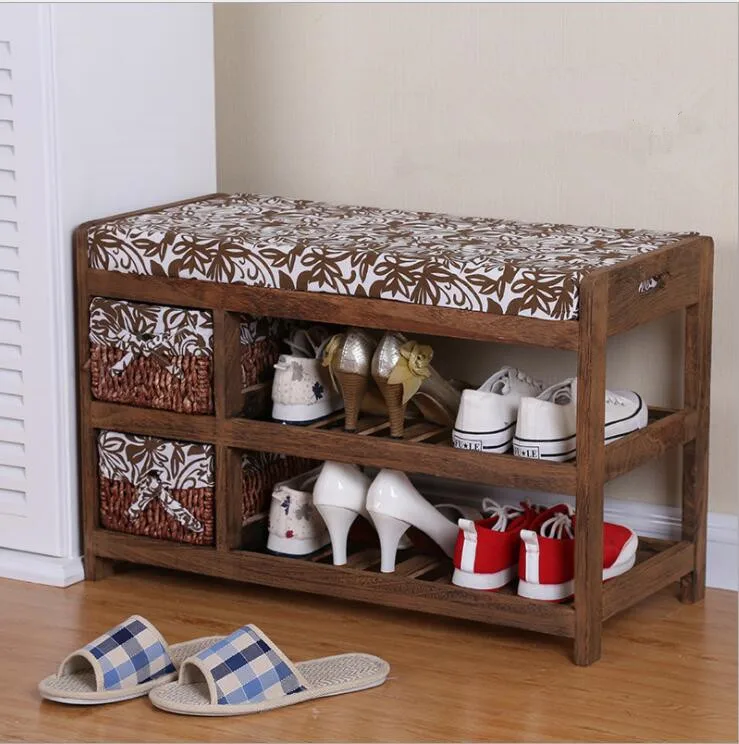 Wooden Shoe Rack With Two Storage Basket Paulownia Solid Wood Bench Living Room Furniture Japanese Style Shoe Bench Shelf Rack
