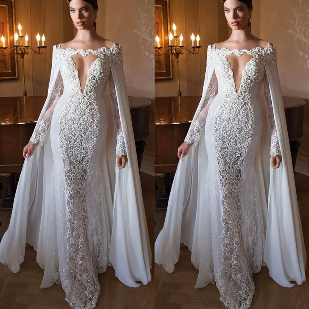 White Evening Dresses With Cape Chiffon Lace Beaded Long Women Formal