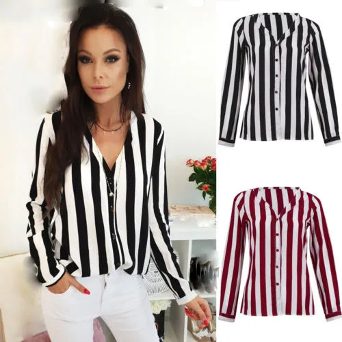 

Summer Autumn Women Long Sleeve V-neck Loose Tops OL Formal Striped Red Elegant Work Ladies Plain Casual Button Blouse Tops