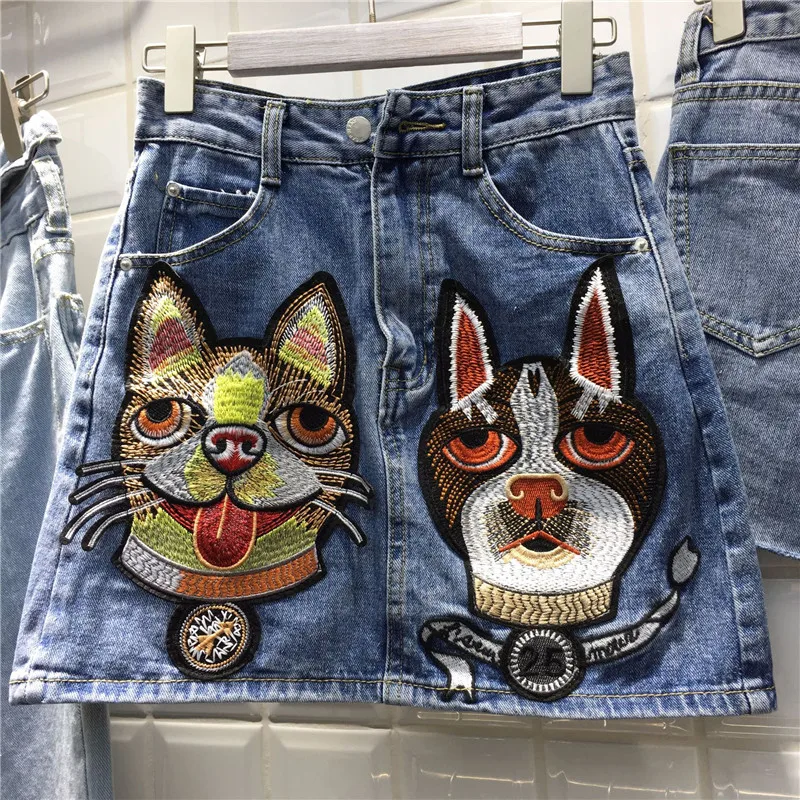 

Cute Dogs Embroidery Denim Skirt Autumn Winter Fashion 100% Cotton High Waisted Skirt Jeans New Jupe Tulle Femme