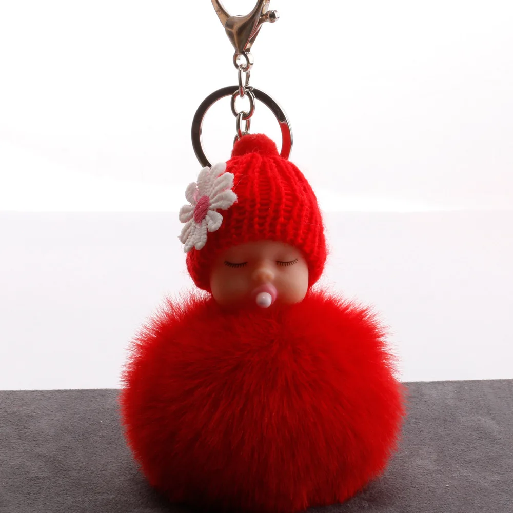 Cute Fluffy Sleeping Baby Doll Keychain Women Key Holder Bag Pendant