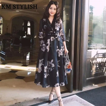 

Women Dress Fashion Autumn Slim Medium-Long V-Neck Print Half Sleeve Mid-Calf One-Piece Dress