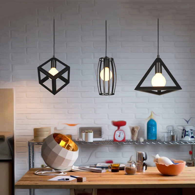 Industrial Wrought Iron Pendant Lamp Cube Triangle Drum Drop Lighting Retro Loft Pendant Light Indoor Lights Restaurant Dining Room Bar Home Light (36)