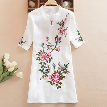 

2019 Spring Summer Ethnic Style Women's Floral Embroidery Blouse V-neck Shirts Casual Blue White Short Sleeve Tops Plus Size