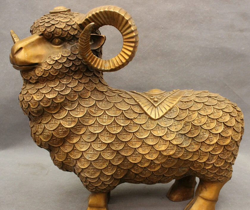 

song voge gem S4176 14" Folk China Chinese Bronze JiXiang Wealth Coin Sheep Goat Statue Sculpture