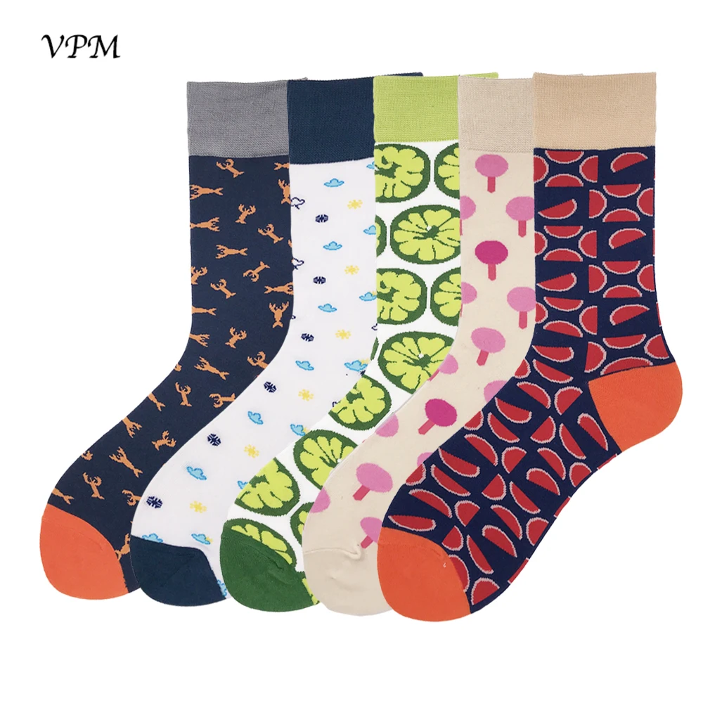 VPM, мужские носки из чесаного хлопка, цветные забавные гольфы, теплые зимние носки с мультяшными усами, фламинго, Акула, подарочная упаковка, 5 пар/лот - Цвет: V74-14