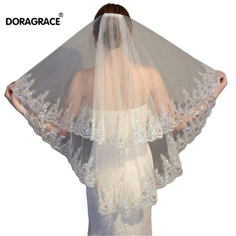 

Doragrace Glamorous 2 Tier Lace Sequins Edge Fingertip Length Bridal Wedding Veil