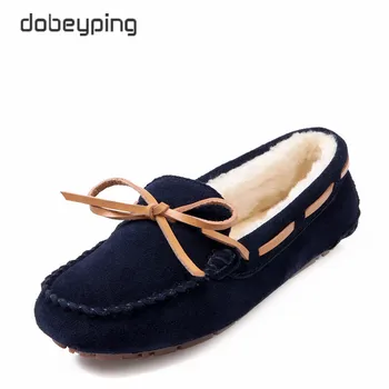 

2017 Winter Plush Boat Shoe Cow Leather Women Shoes Keep Warm Moccasins Shoes Woman Slip On Female Flats Fur Loafers Size 35-41
